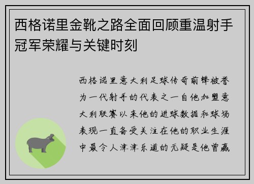 西格诺里金靴之路全面回顾重温射手冠军荣耀与关键时刻